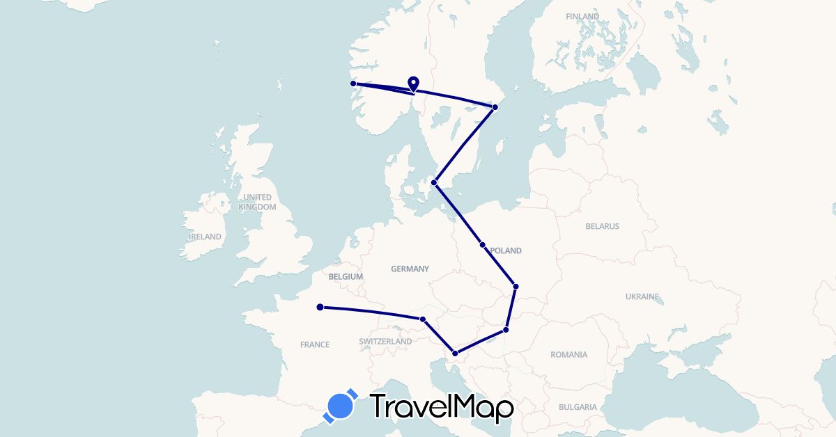 TravelMap itinerary: driving in Germany, Denmark, France, Hungary, Norway, Poland, Sweden, Slovenia (Europe)